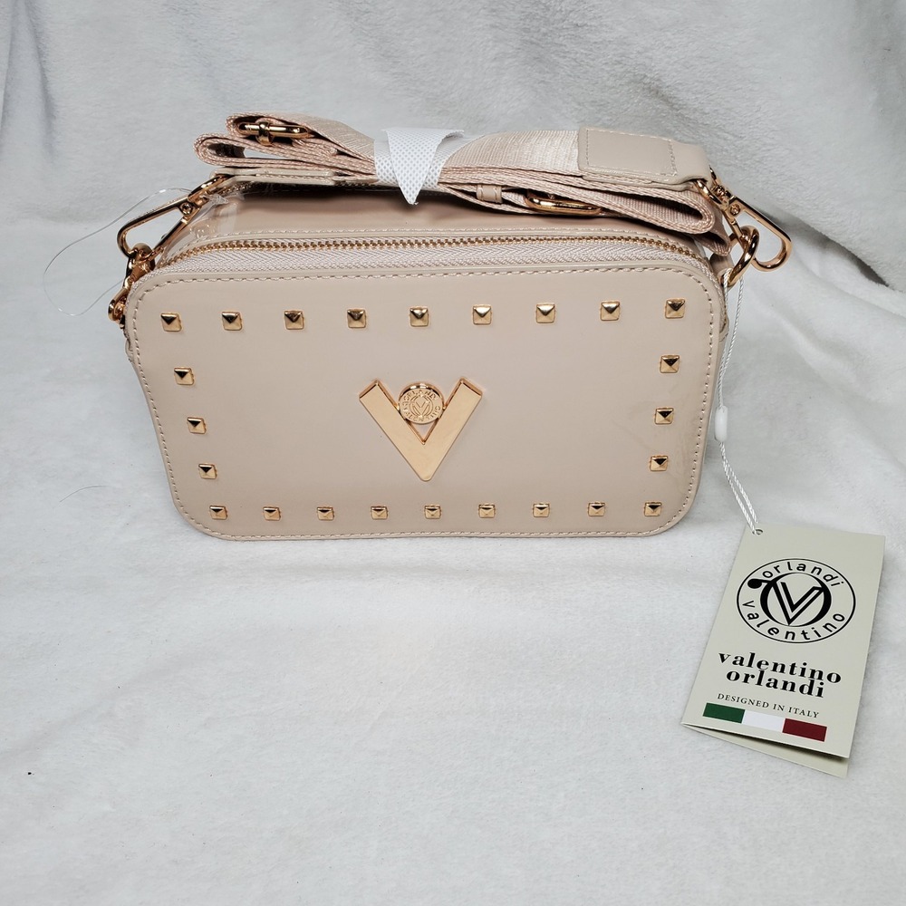 Valentino Camera Bag Glam Party Clubwear Logo Double Zip/Adjustable Strap Beige